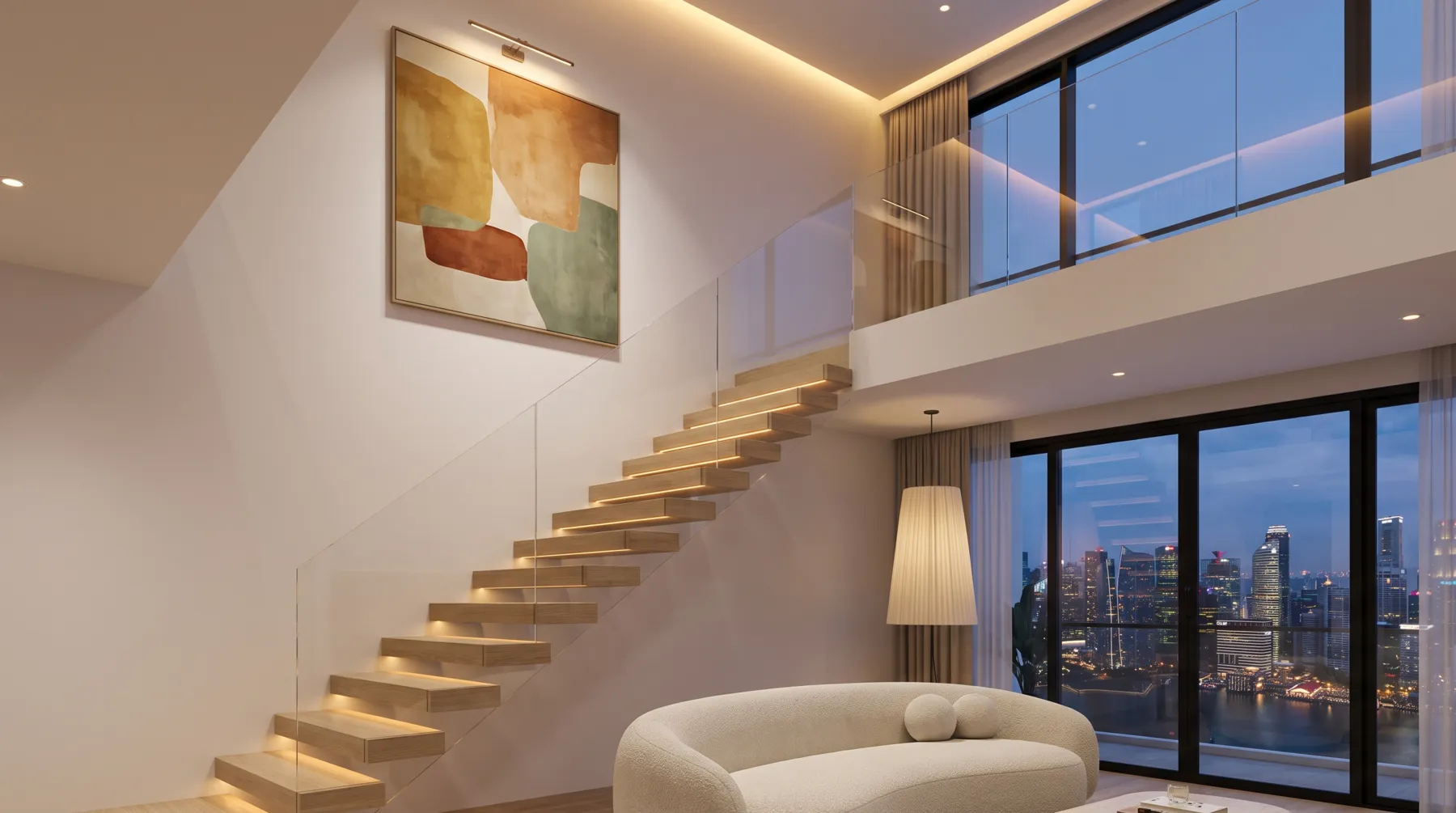 Light oak floating staircase with lit treads rising to a mezzanine, with abstract artwork above